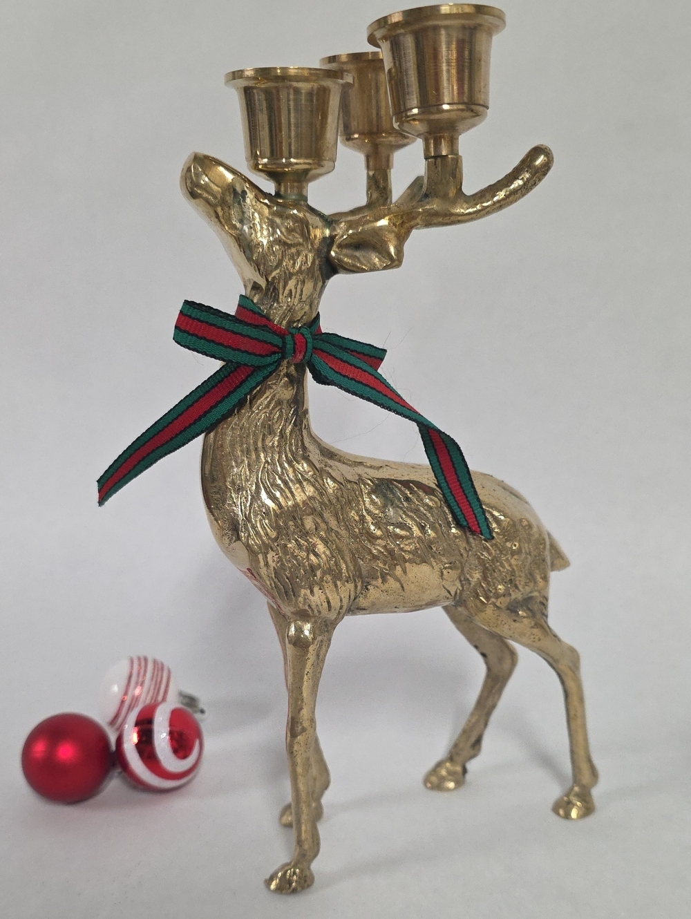 Vintage SP Brass Reindeer Buck (3) Taper Candle Holder Holiday Christmas Decor